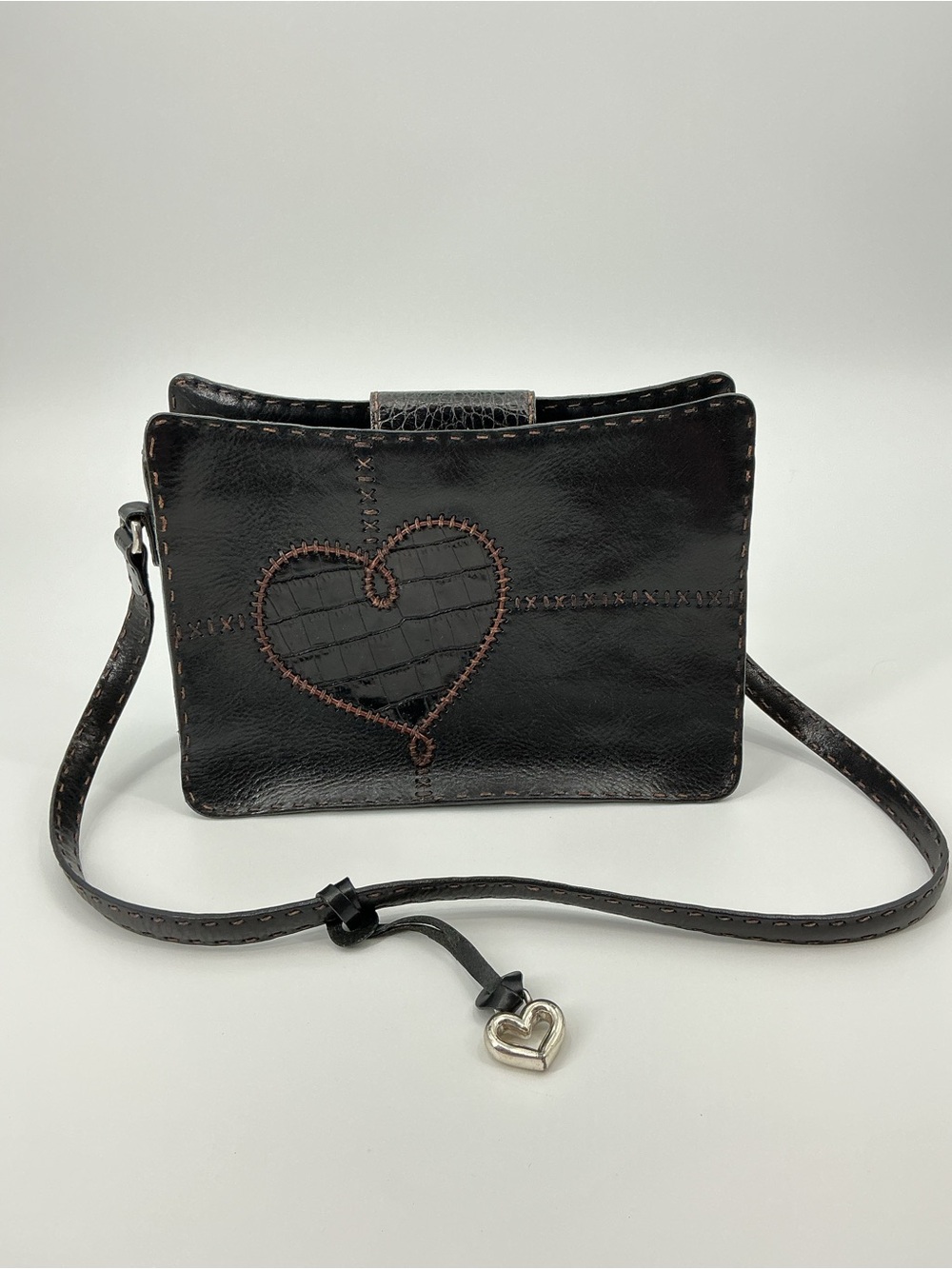 Brighton Black Leather shoulder Bag with Heart Embroidered Detail